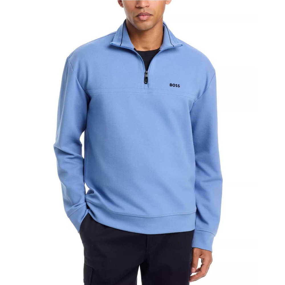 NWT Hugo BOSS Men's XL Quarter Zip Pullover Pastel Blue Cotton Sweatshirt